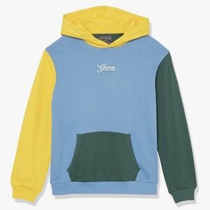 GUESS Boys' Organic French Terry Color Block Blue Hooded Jumper Sweatshirt Sz 8